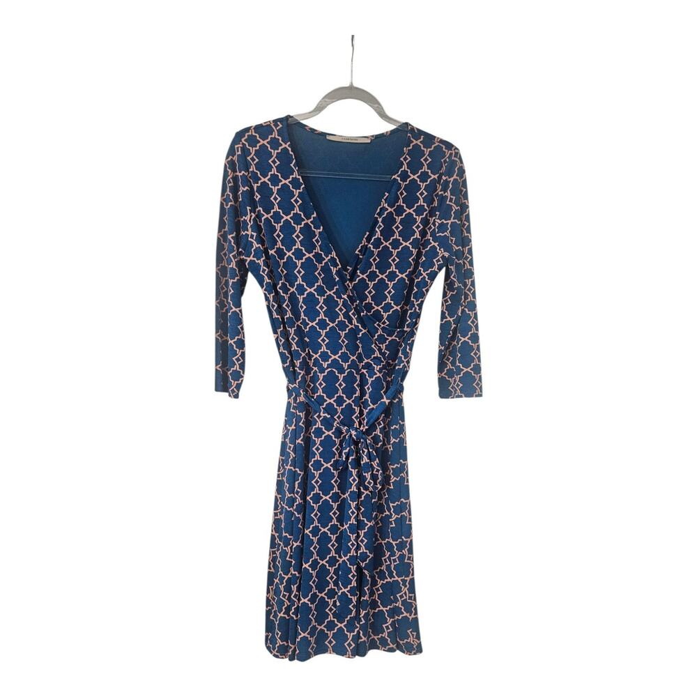 41 Hawthorn Women Dress Blue Geometric 3/4 Sleeve V-Neck Midi Stretch Tie Waist